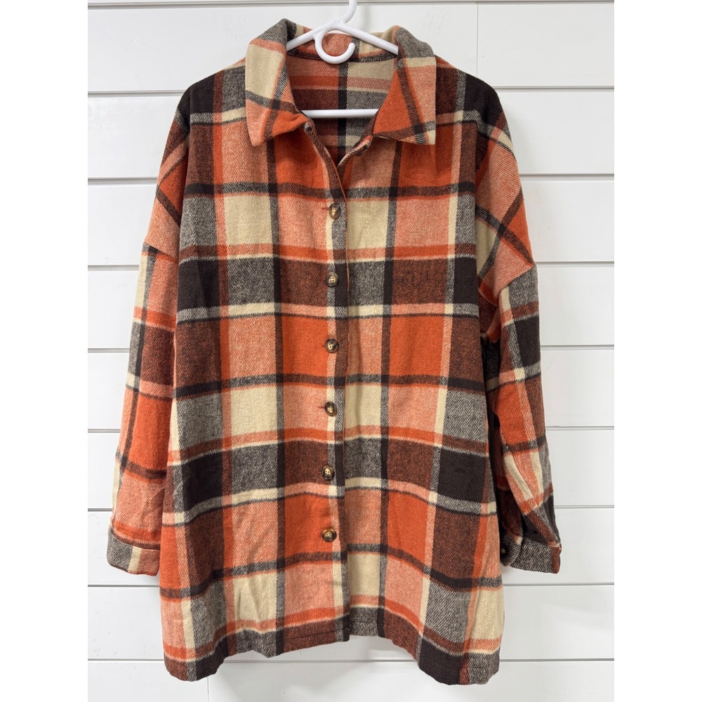 Orange Plaid Shacket Oversized Flannel Button Down Shirt Jacket XL